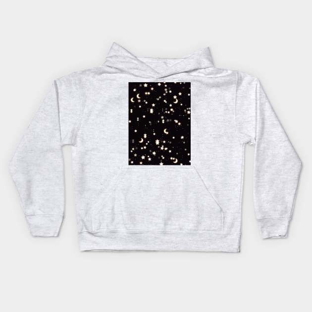 Sparkly moon and stars in black dark night Kids Hoodie by Montanescu